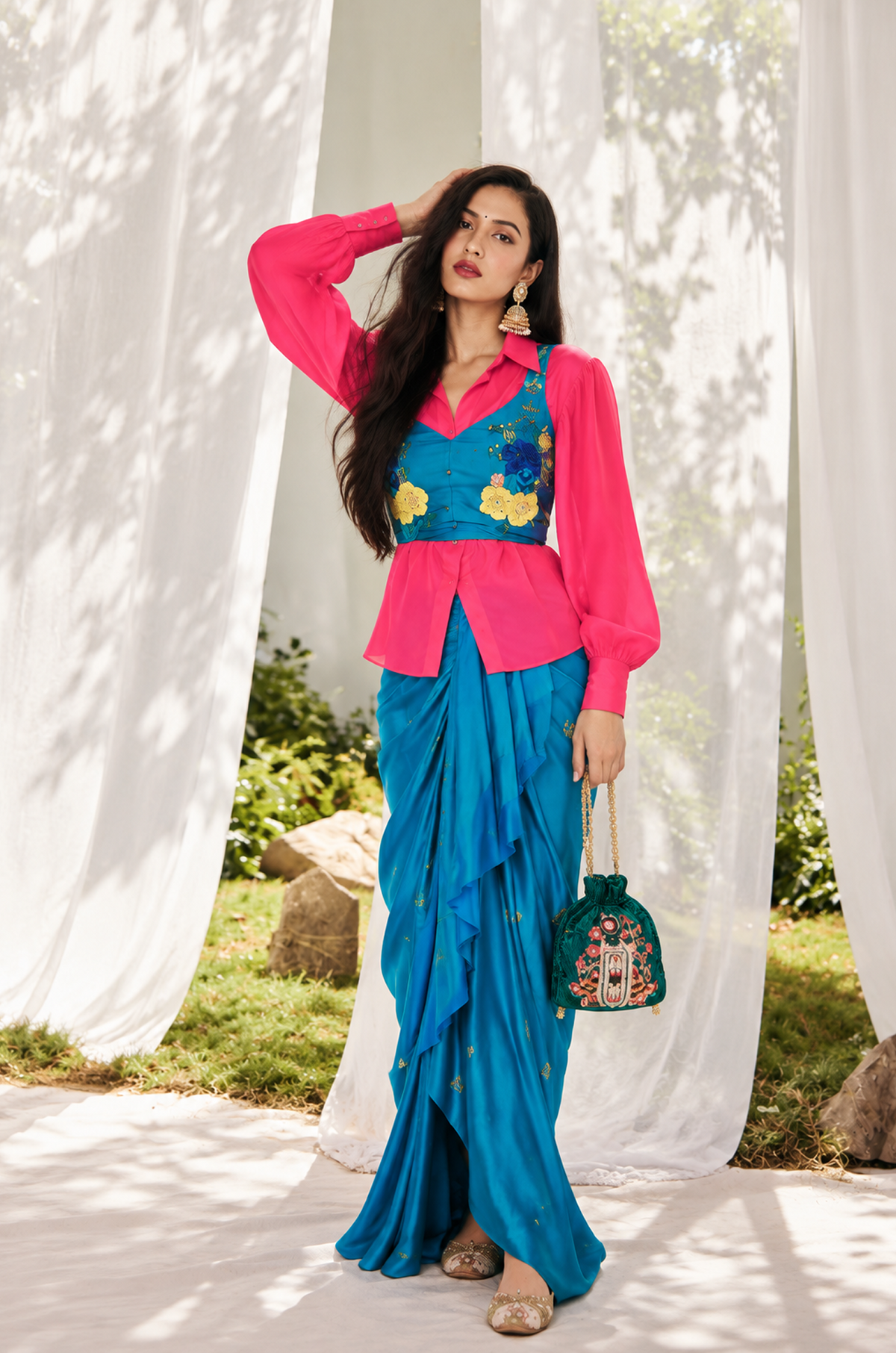 Pink & Teal Embellished Co-Ord Set with Draped Pants