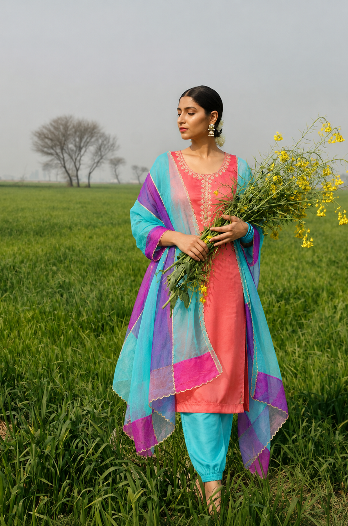 Coral Embroidered Kurta Pant Set with Organza Dupatta