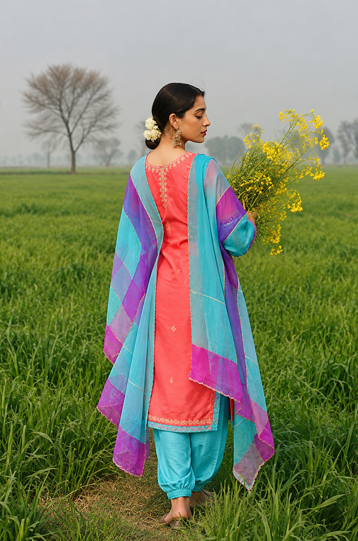 Coral Embroidered Kurta Pant Set with Organza Dupatta