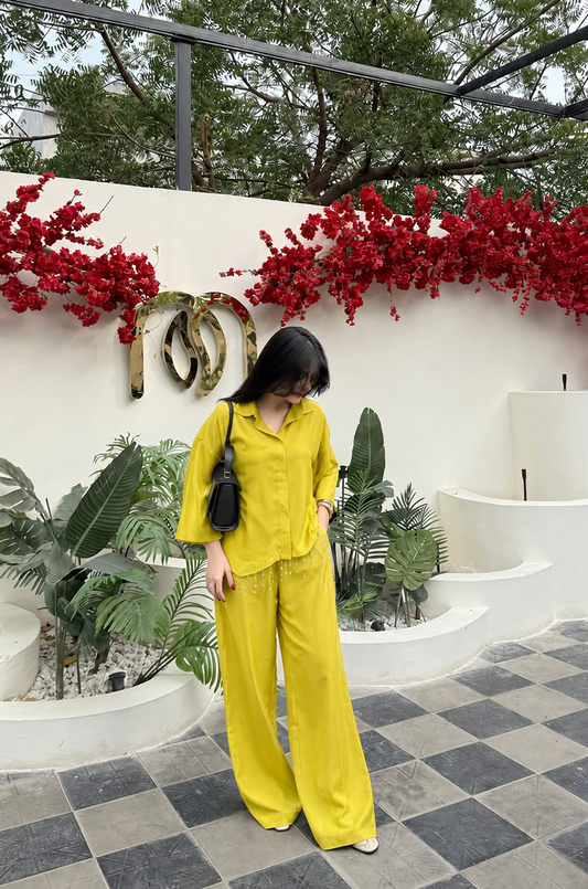 Sunshine Yellow Co-Ord Set for Women – Embellished Shirt & Straight Pants
