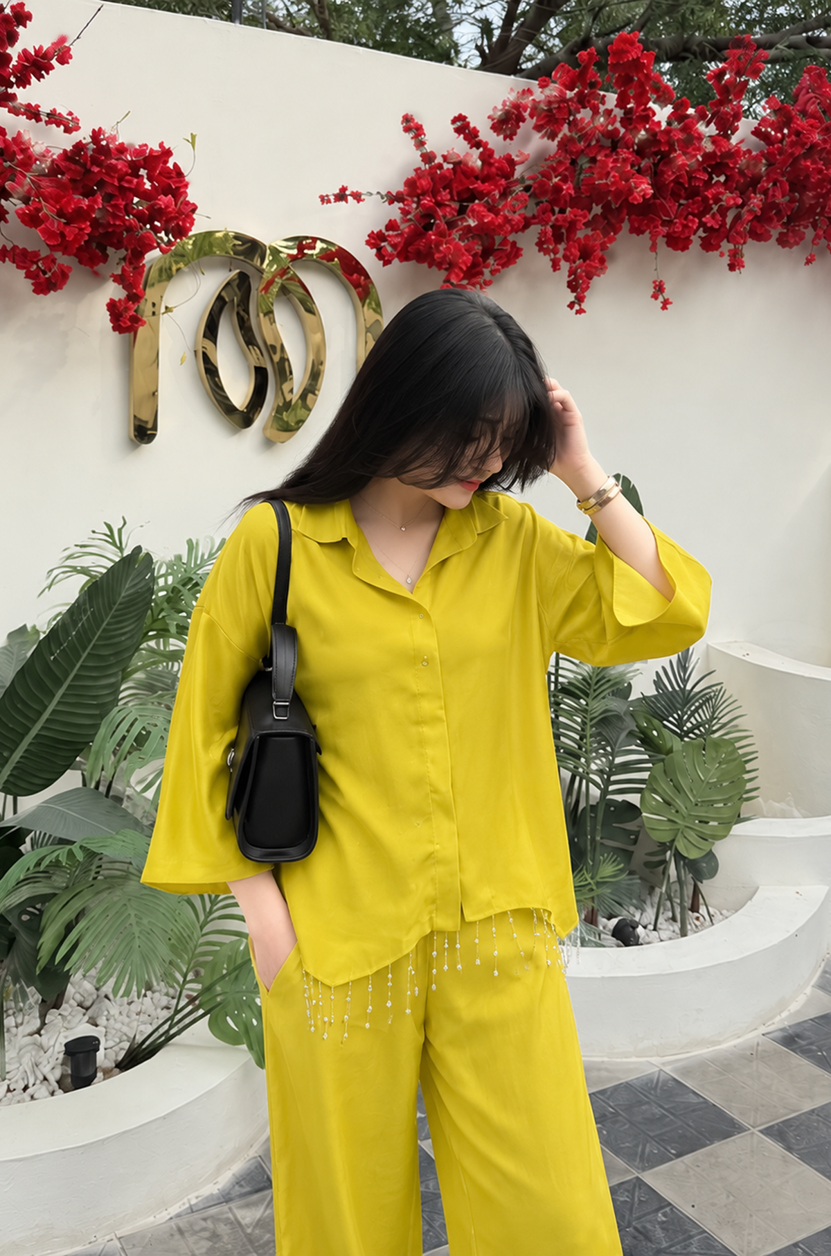 Sunshine Yellow Co-Ord Set for Women – Embellished Shirt & Straight Pants