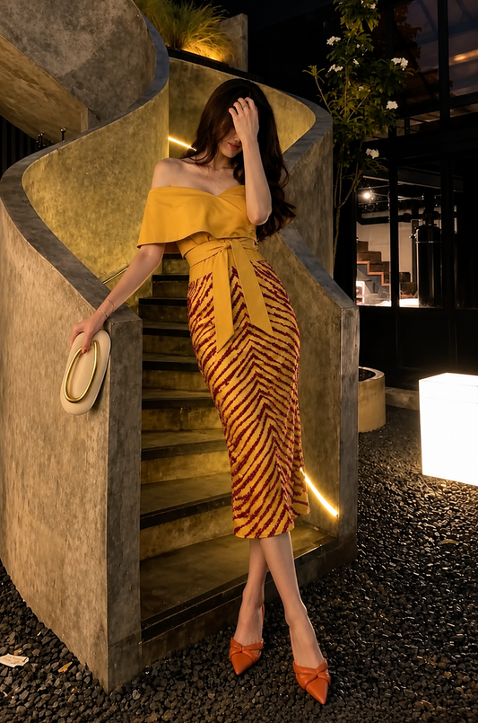 Mustard Off-Shoulder Sequin Midi Dress