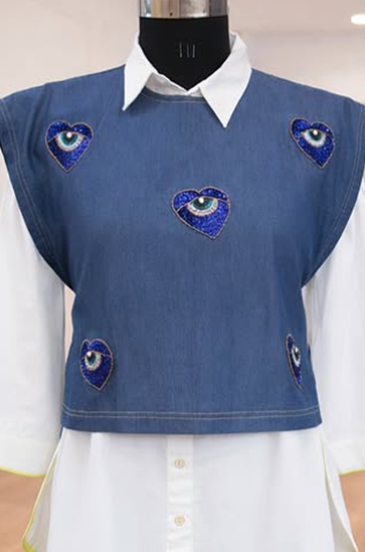 Denim Blue Eye-Embellished Layered Shirt
